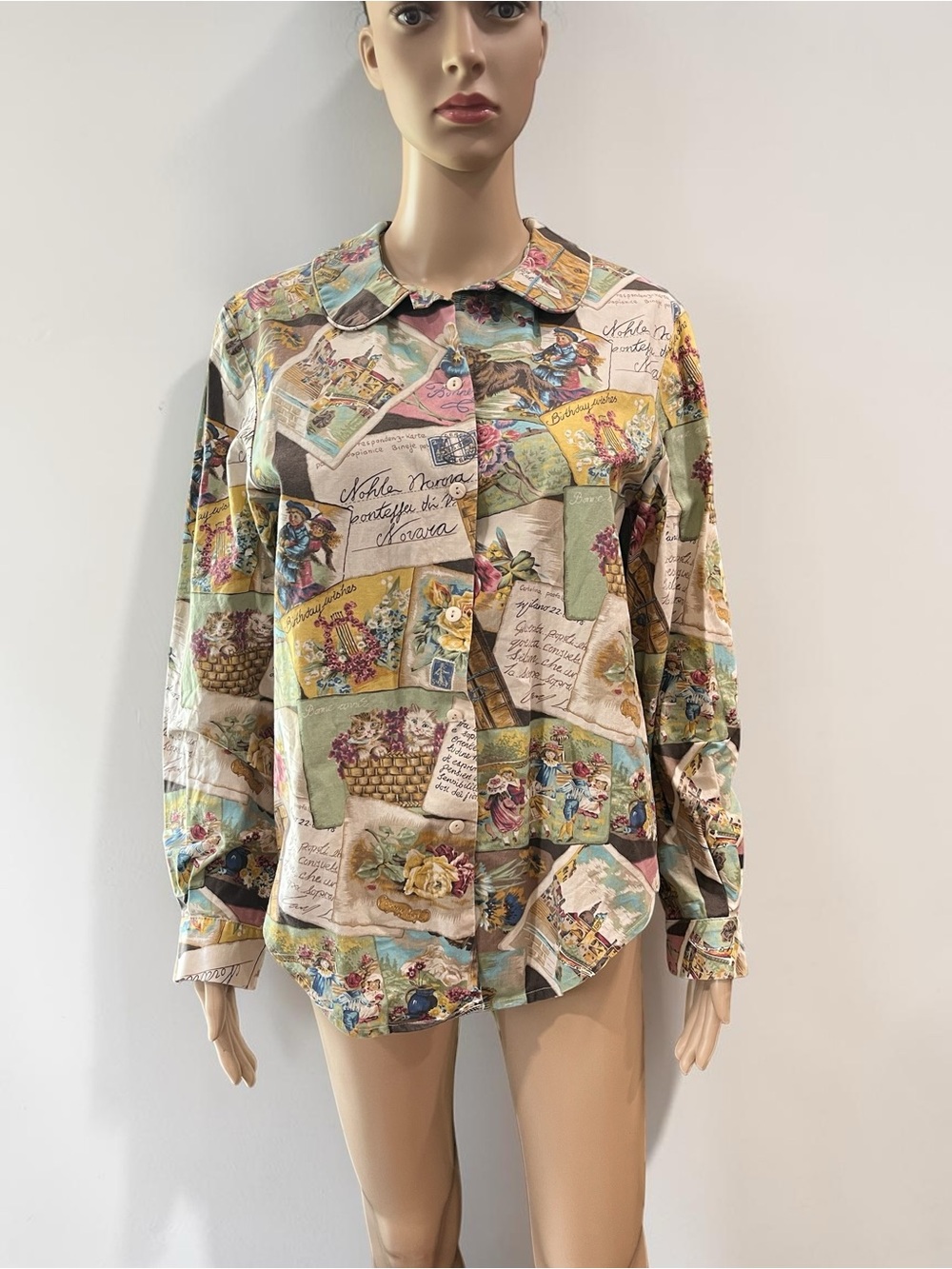 Postcard Print button down blouse Cotton Peter Pan collar Cottagecorevintage VTG